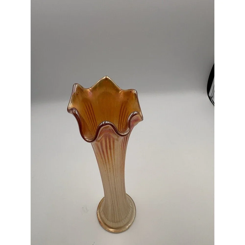 Vtg Marigold Carnival Glass Swung Tall Vase Wide Mouth Ribbed Ombre 10”
